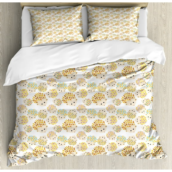 Hedgehog Duvet Cover Set, Repetitive Prickly and Colorful Creatures on a Plain Background, Decorative 3 Piece Bedding Set with 2 Pillow Shams, King Size, Champagne and Multicolor, by Ambesonne