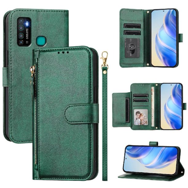 FOXDOCK Funda Tipo Cartera para itel A49 Play Cuero PU con Cremallera y Correa de Muñeca, Ranuras para Tarjetas, Soporte Plegable, Cierre Magnético