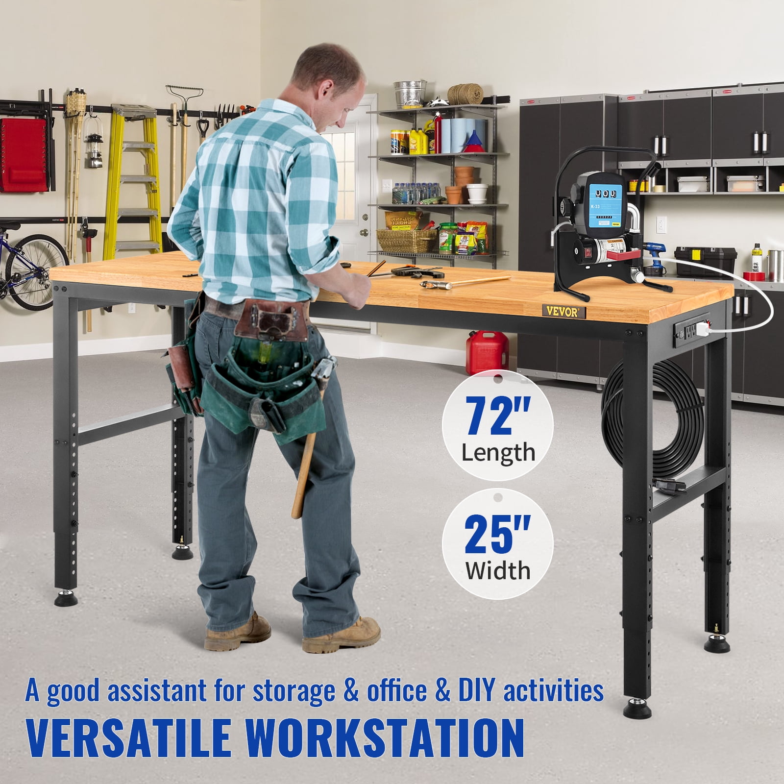 VEVOR Adjustable Workbench, 72" x 25" Multi-Purpose Work Bench with 28.5" - 38.3" Height Range and 2000 lbs Capacity, Power Outlets & Hardwood Top & Metal Frame & Foot Pads, Workshop Garage Table