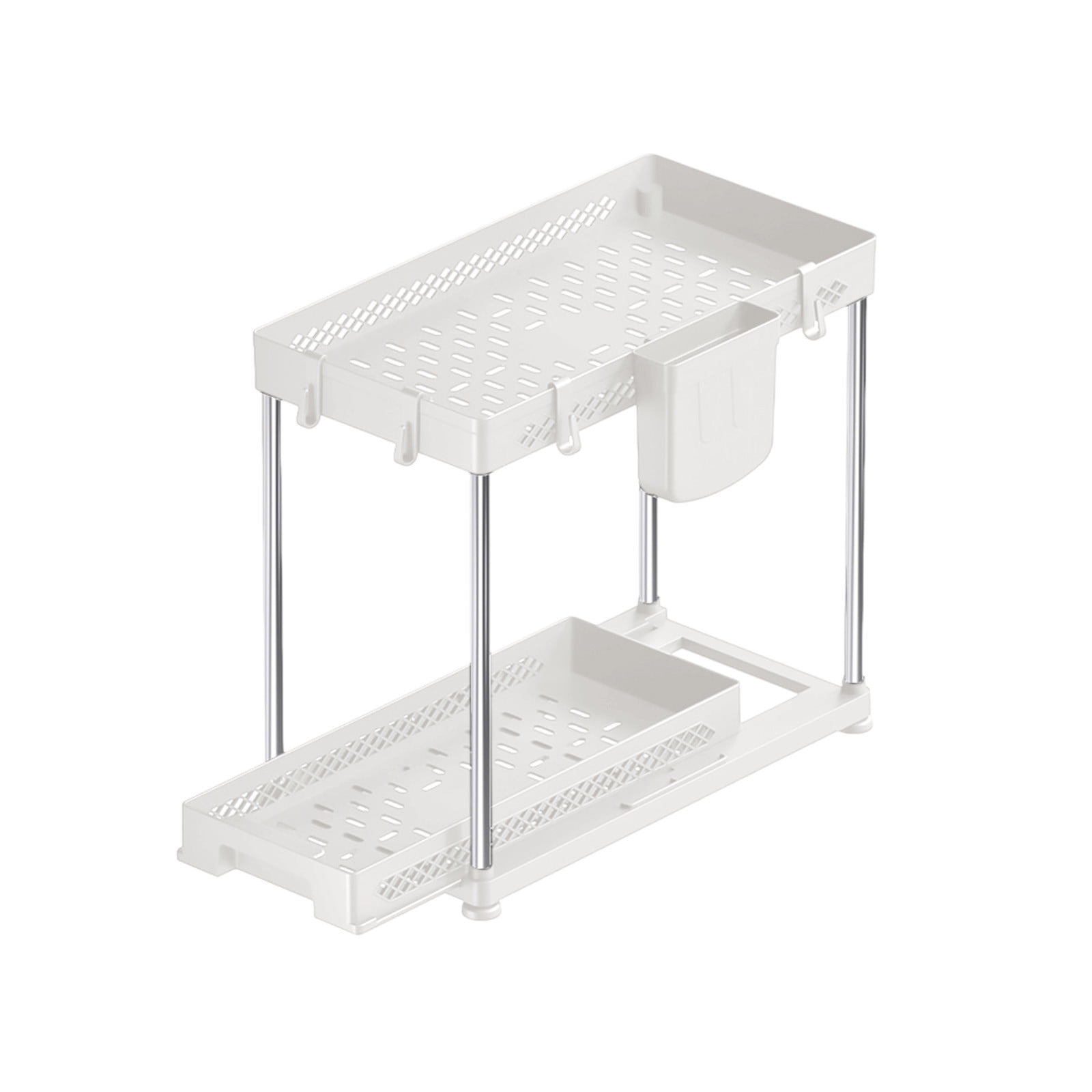 UUHYTG Pull Out Under Sink Storage Shelf Organizer Rack, Multi Functional Layered Spice and Bathroom Shelf with Hanging Hooks, Ventilated and Drainage Kitchen Cabinet Storage Solution