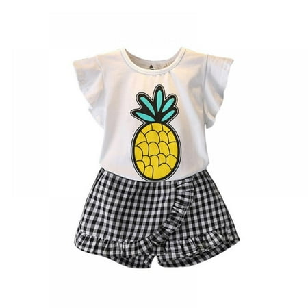 

Toddler Kids Outfits Clothes Pineapple Print T-shirt Tops+Plaid Skirt Shorts 2Pcs Sets for Baby Girls
