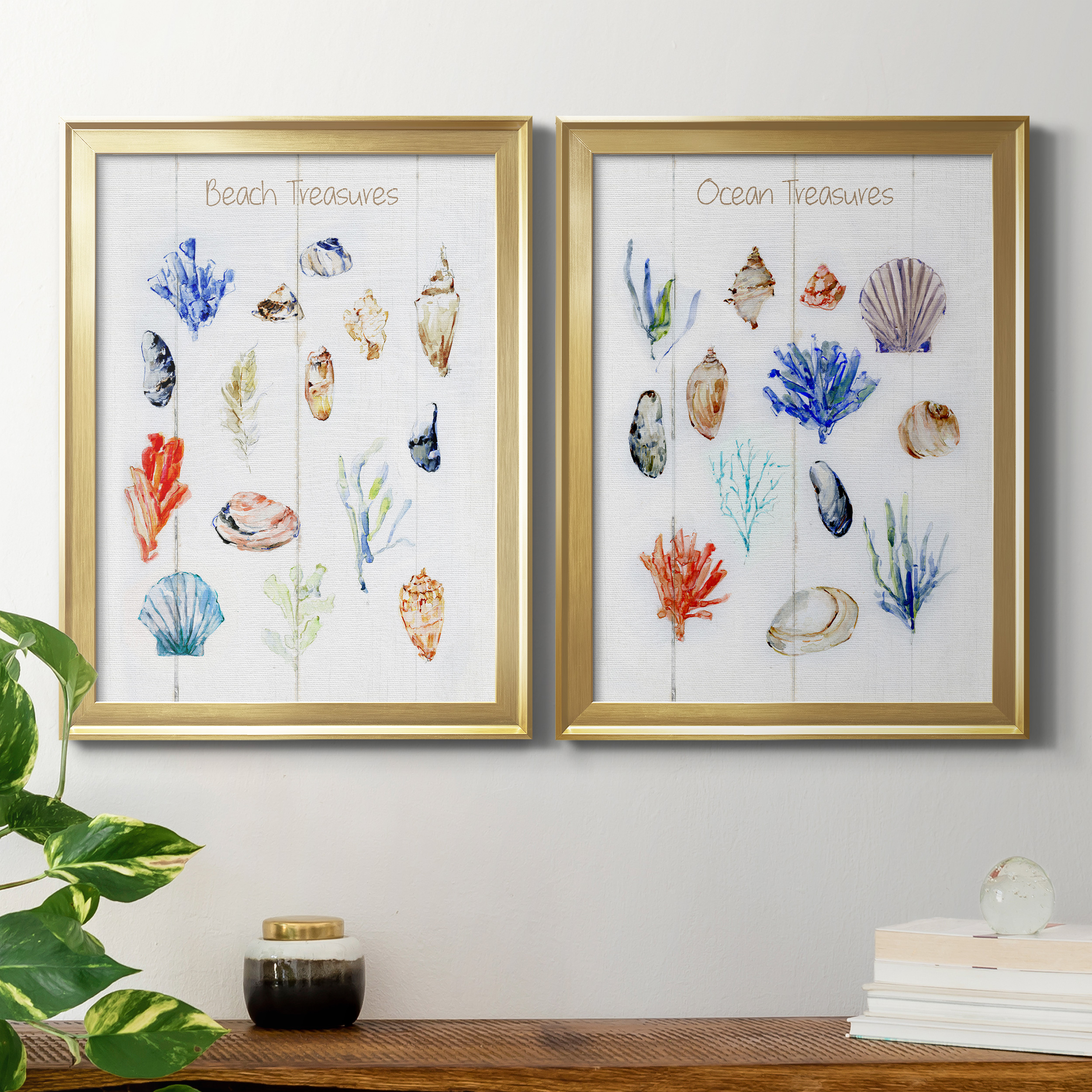 2 Piece Set Beach Treasures Premium Framed Canvas - Ready to Hang - 18.5 x 24.5 Each - Gold Frame