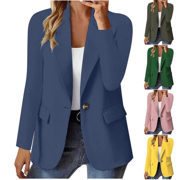 YABCSAZ Women's Long Sleeve Button Blazer Jacket Solid Notched Lapel Casual Coat with Faux Pockets Slim Fit for Daily Office Party Spring, Pink