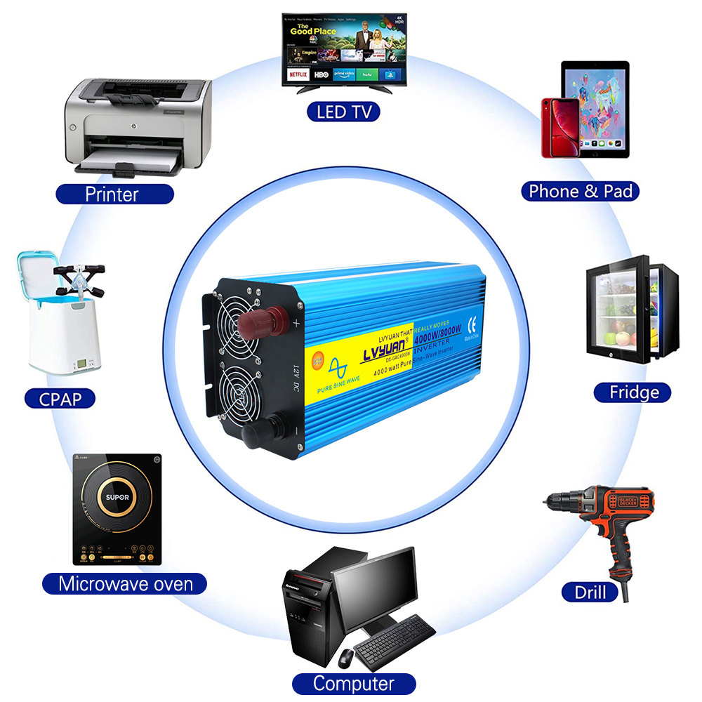 Yinleader Pure Sine Wave 12V 4000W Continuous 8000W Surge Power Inverter, Remote Control for Truck