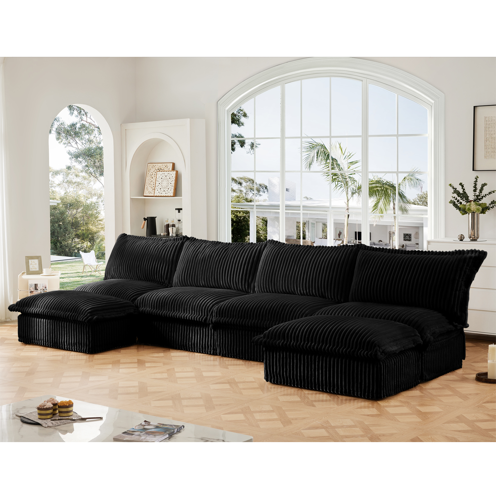 Gewnee Modern Armless Oversize 4 Seater Deep Seat Sectional Sofa With Ottoman,Free Combination U Shape Green Corduroy Sofa Couch For Living Room