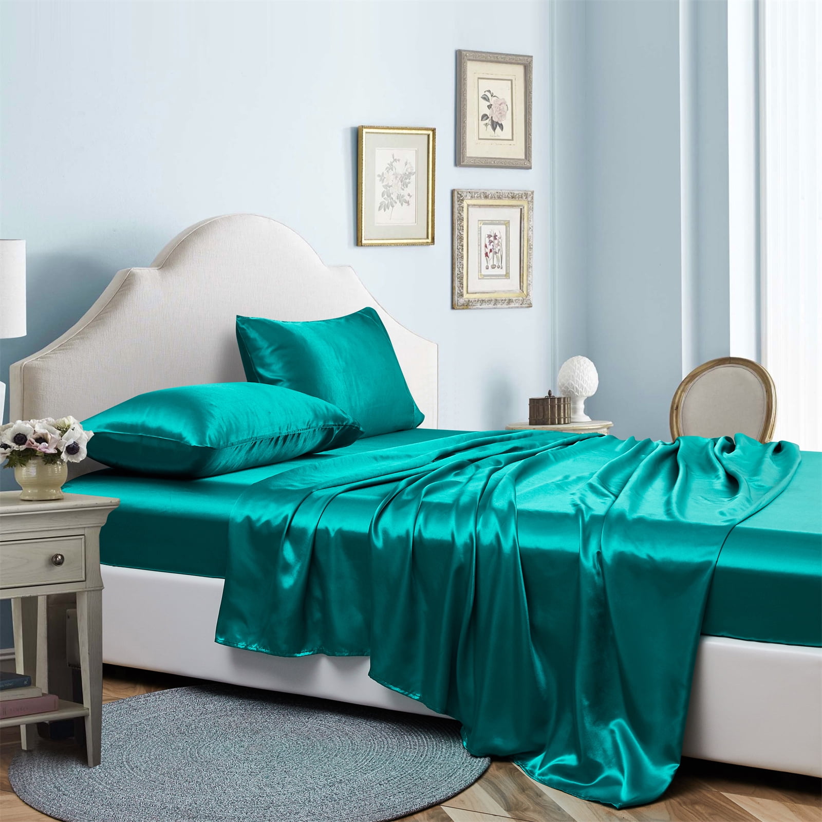 ANMINY Satin Sheets Queen Silk Sheets Turquoise Bed Sheet Set Deep