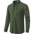 thumbnail image 2 of Jinhomg Men's Long Sleeve Shirts Retro Medieval Viking Style Lace Up Tops Casual Comfort Cotton Linen Spring Summer Costume 90% off Clearance Sale Army Green L, 2 of 3