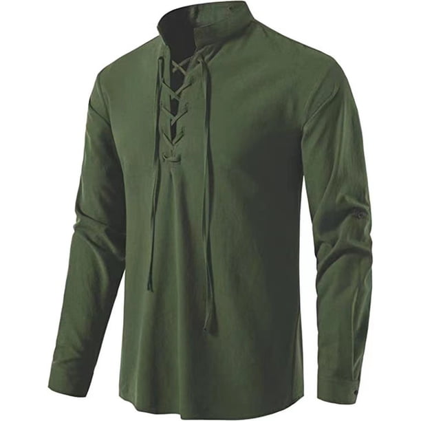 Blusa y camisa de manga larga con cuello alto para hombre, de algodón y lino, con cuello alto y corbata, de manga larga, estilo pulóver, blusa, blusa de algodón y lino para hombre.
