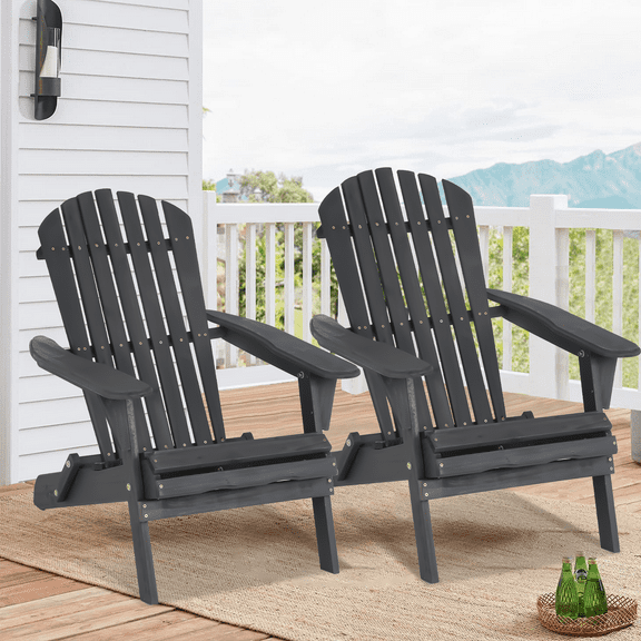 Dkelincs Folding Adirondack Chair Set of 2 Weather Resistant Patio Lawn Chair Wooden Outdoor Chairs for Garden Backyard, Grey