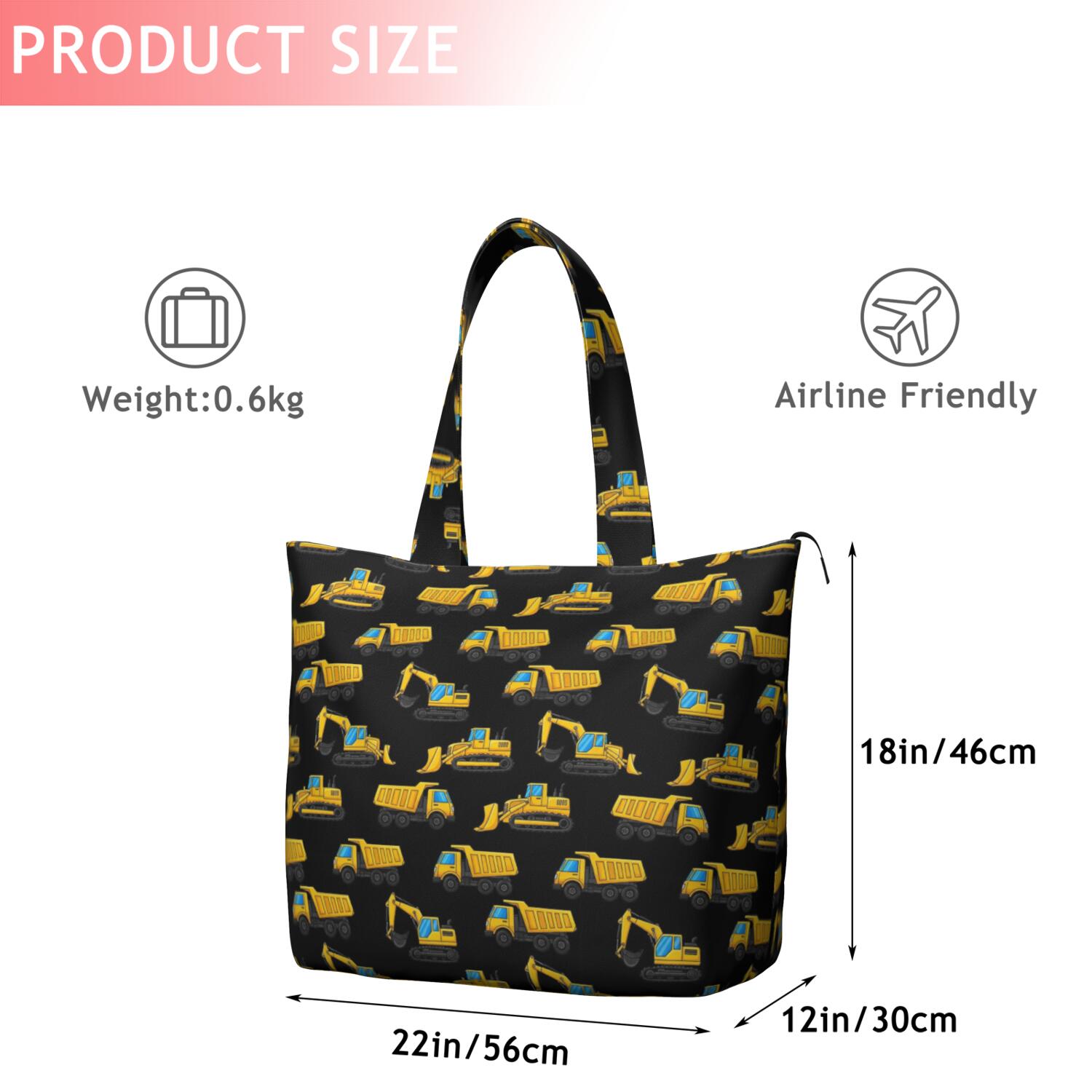 Cartoon Construction Vehicles Excavators Travel Tote Bags for Women Carry On,Large Weekender Bags for Women Travel,Multi Functional Duffle Bag for Work,Shopping,Sports