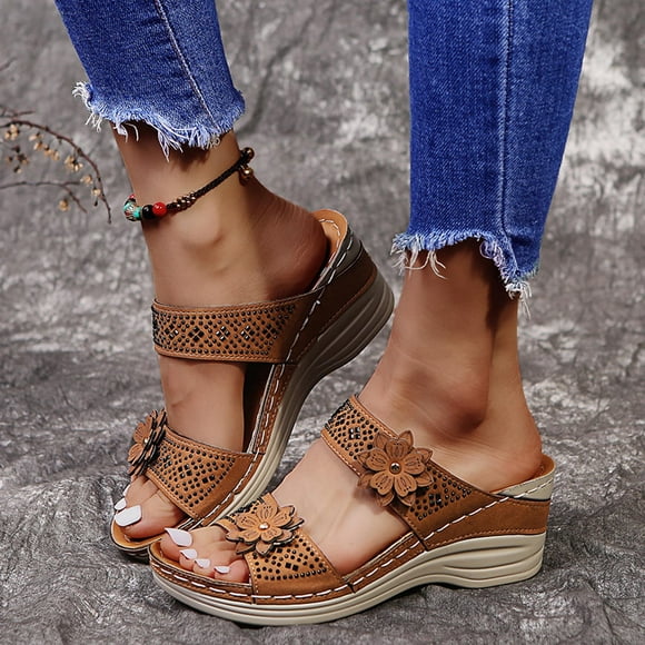 cllios Summer Retro Casual Flowers High-heeled Flat-bottomed Ladies Wedge Slippers