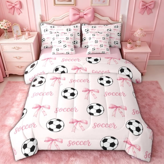 spefrowx Cute Soccer Word Twin Bedding for Girls, Pink Princess Bow Bedding Comforter Set, Pink Reversible, 7pcs