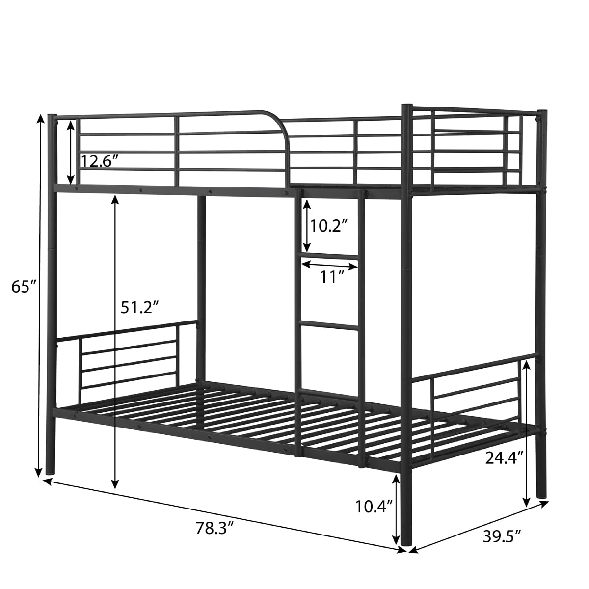 Kepooman Twin Over Twin Metal Bunk Bed with Ladder for Bedroom Dorm, 78"L x 39.5"W x 65.2"H, Black Kepooman Twin Over Twin Metal Bunk Bed with Ladder for Bedroom Dorm, 78"L x 39.5"W x 65.2"H, Black