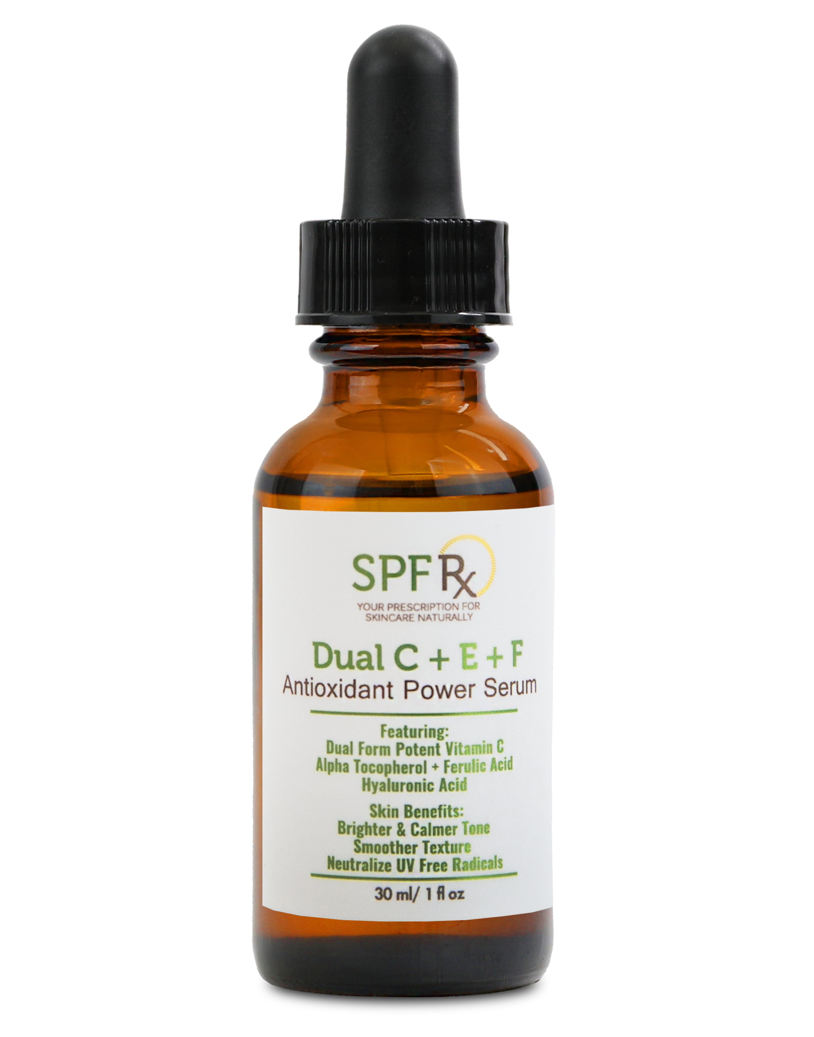 SPF Rx Dual C + E + F Antioxidant Power Serum with Dual Form Potent Vitamin C, Alpha Tocopherol, Ferulic Acid, Hyaluronic Acid for Brighter, Calmer Tone, Smoother Texture, 1 oz