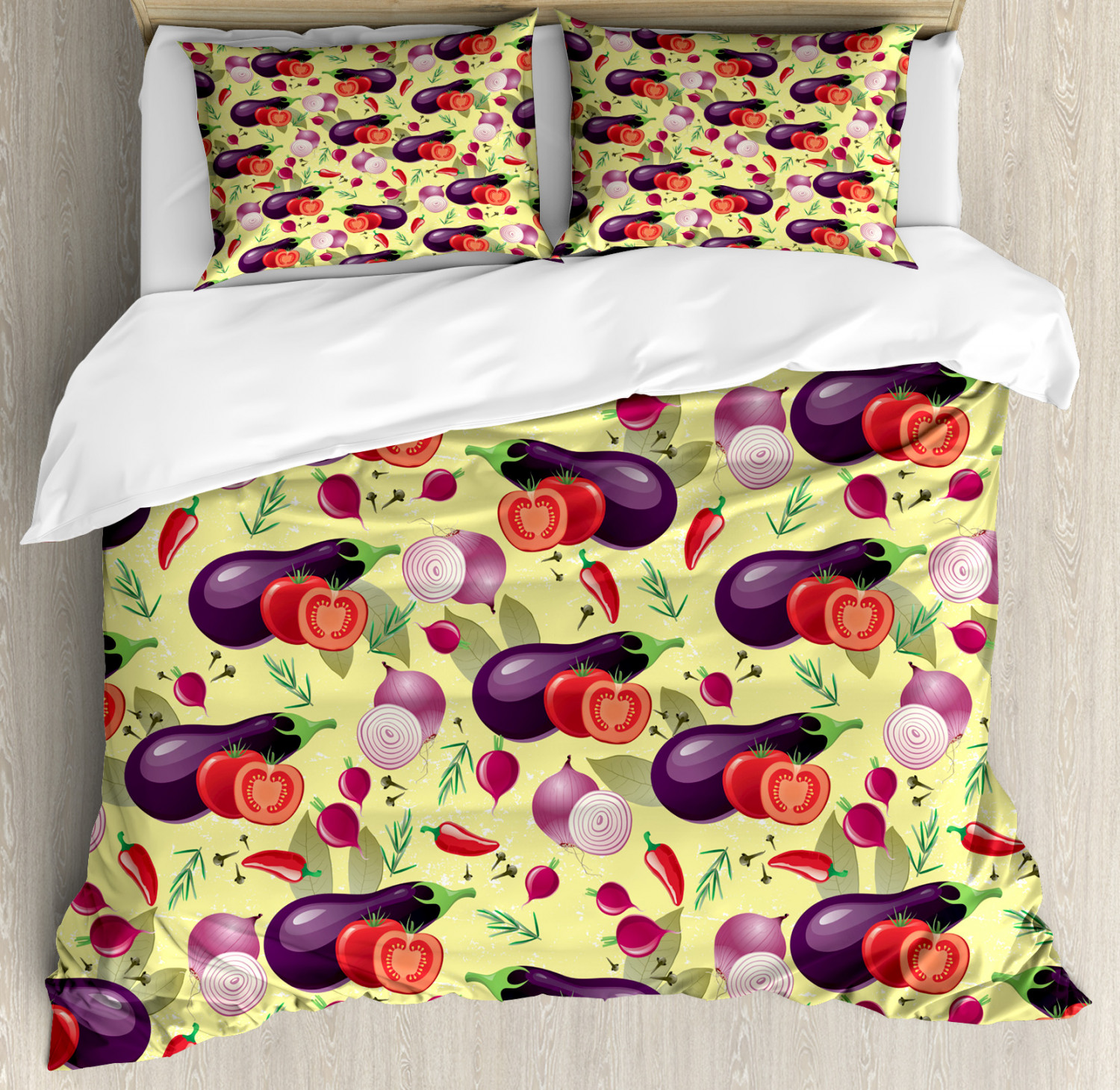 Eggplant Queen Size Duvet Cover Set, Eggplant Tomato Relish Onion Going Green Eating Organic