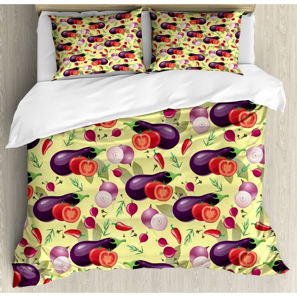 Eggplant Queen Size Duvet Cover Set, Eggplant Tomato Relish Onion Going
