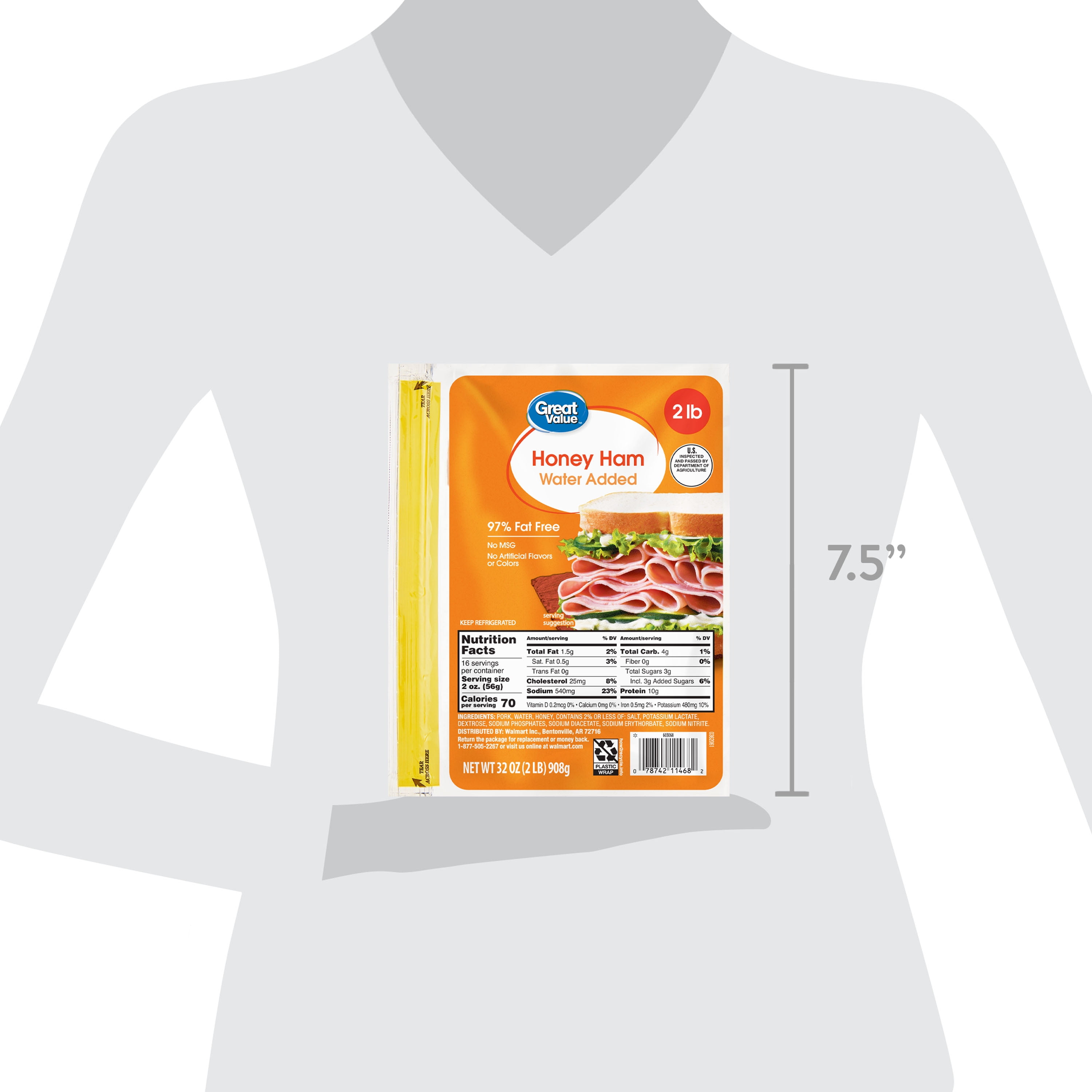 Great Value, Fully Cooked Honey Ham, Sliced 32 oz Plastic Pouch
