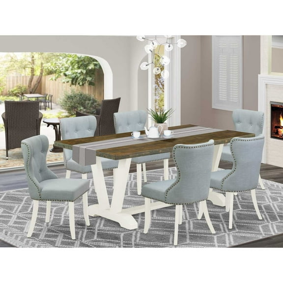 East West Furniture V077SI215-7 7-Piece Dinette Set- 6 Upholstered Dining Chairs with Baby Blue Linen Fabric Seat and Button Tufted Chair Back - Rectangular Table Top & Wooden Legs - Distressed...