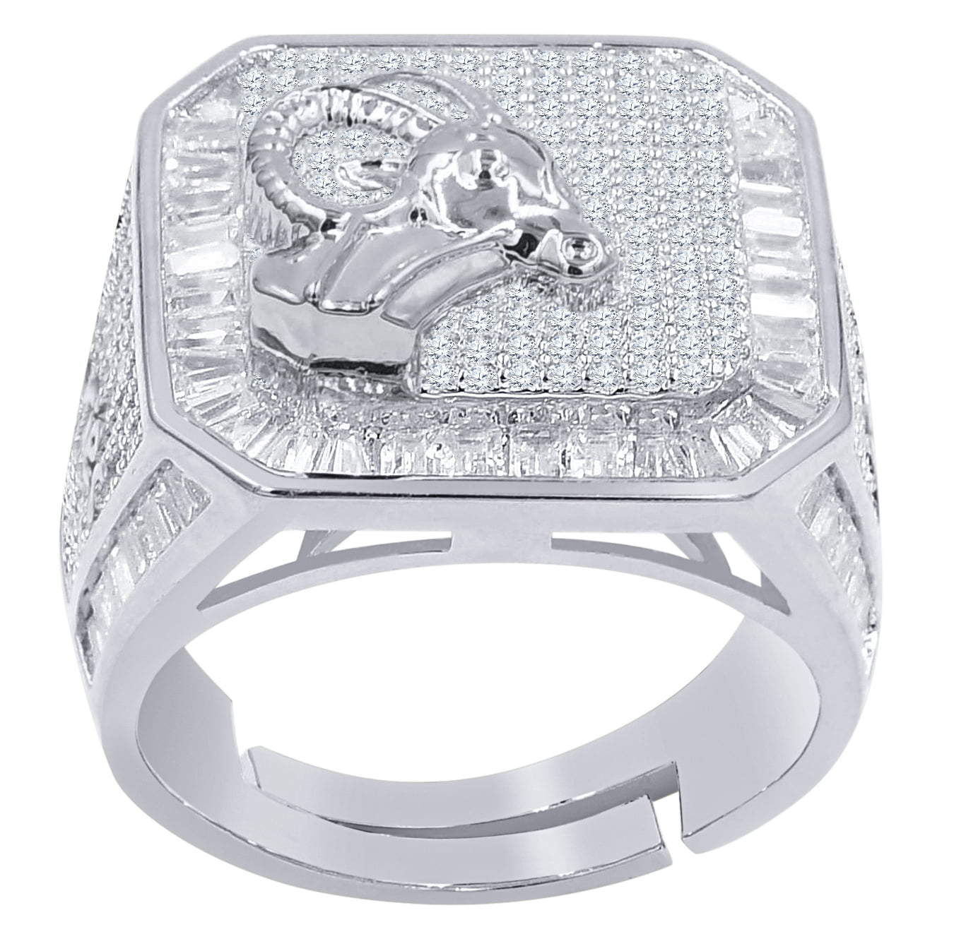 14K White Gold Finish Aries Ram Zodiac Sign Astrology Horoscope Band Baguette & Round Cut Simulated Diamond Mens Ring