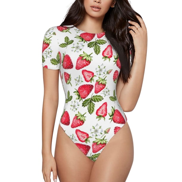 Balery Strawberry1 Body de cuello redondo de manga corta para mujer Tops de manga corta Tops básicos-Large