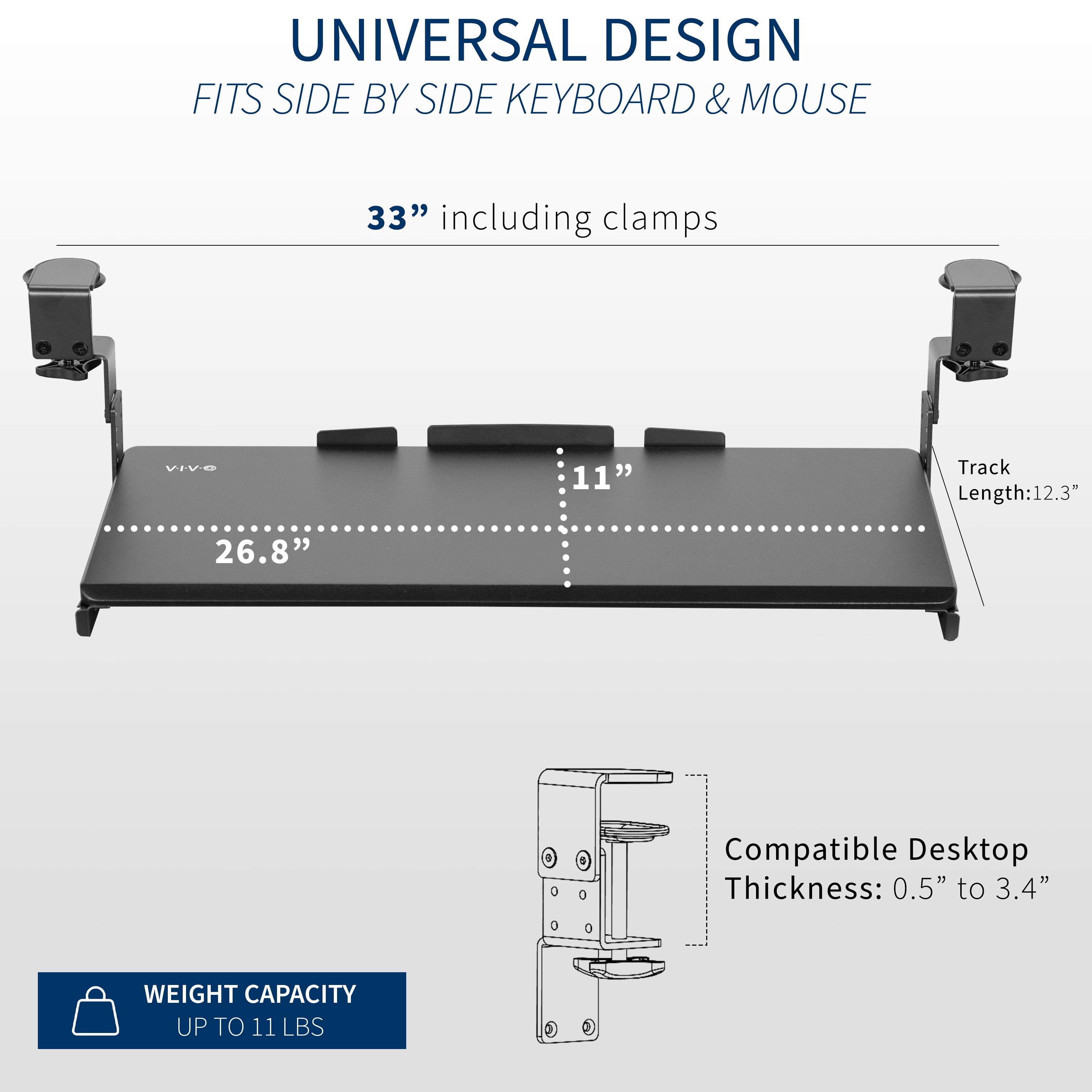 VIVO Black Clamp-on Height Adjustable Keyboard and Mouse Under Desk Slider Tray