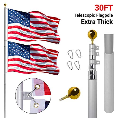 Heavty Heavy Duty 20FT Telescoping Flag Pole Kit Silver Can Fly 2 Flags Aluminum Telescopic Flagpole Set with 3x5 US American Polyester Flag & Golden Ball Topper for Commercial or Residential 
