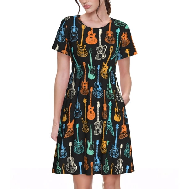 Easygdp Colorful Guitar para Vestido Transpirable de Mujer, Vestido Suelto de Manga Corta con Pliegues y Bolsillos para el Verano