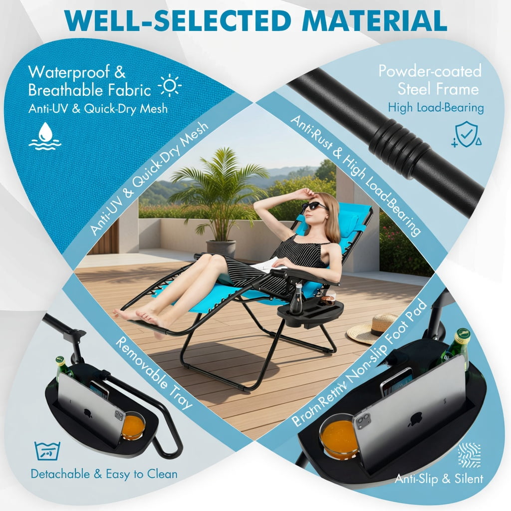 Hommoo Zero Gravity Folding Lounge Chair for Outdoor & Indoor Use, Heavy-Duty Steel Frame, Compact Foldable Design with Cup Holder & Adjustable Recline, Light Blue