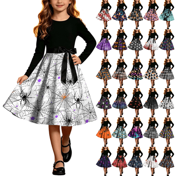 Yertdoel Halloween Girls Dresses 5-14 Years Cute Print Long Sleeve Dress with Belt Kids Fashion Comfy Casual Party Dress
