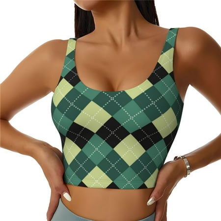 Jgfou Green Squares Print Womens Sports Bra - Padded Workout Sports Bras Crop Tank Top