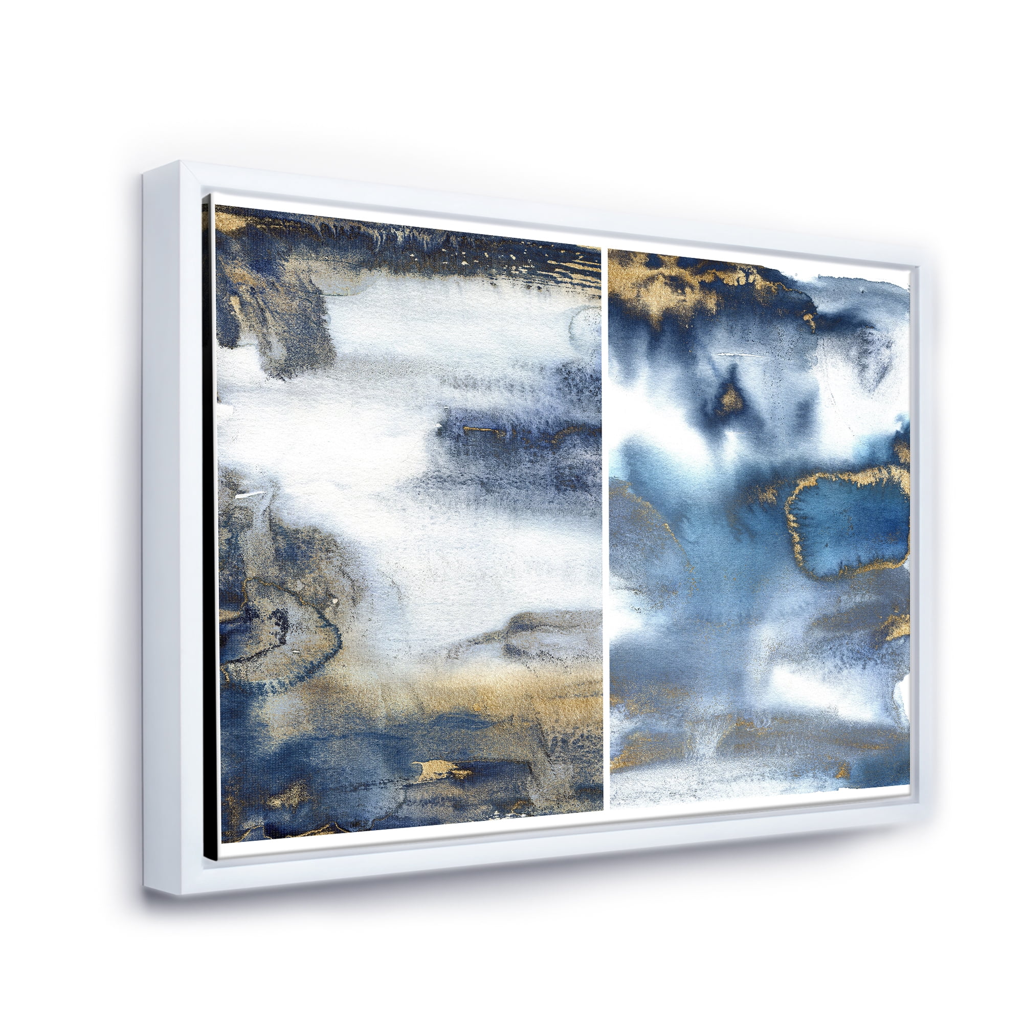 Designart 'Gold and Dark Blue Abstract Waves I' Modern Framed Canvas Wall Art Print