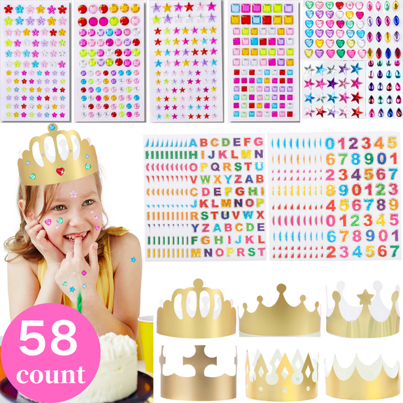 Cayton Gem Stickers and Birthday Party Hats, with Number & Letter Stickers,58pcs per set