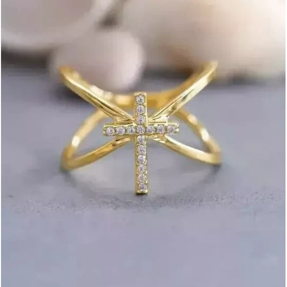Sparkle Jewels 14K Yellow Gold Plated Cross Women's Engagement Ring 1Ct Round Cut Cubic Zirconia Silver