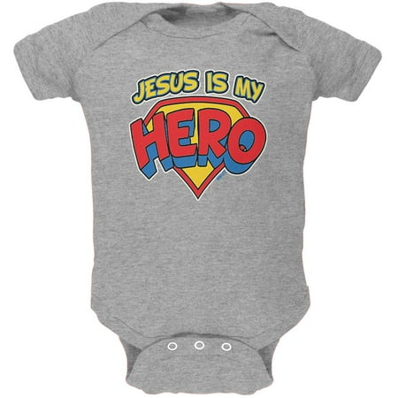 

Jesus Is My Hero Soft Baby One Piece Heather 12 Month