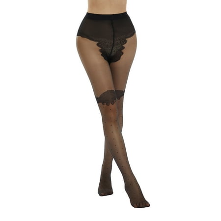 

Youweixiong Women Pantyhose Lace Dots Print High Waist Sheer Tights Control Top Stockings Streetwear