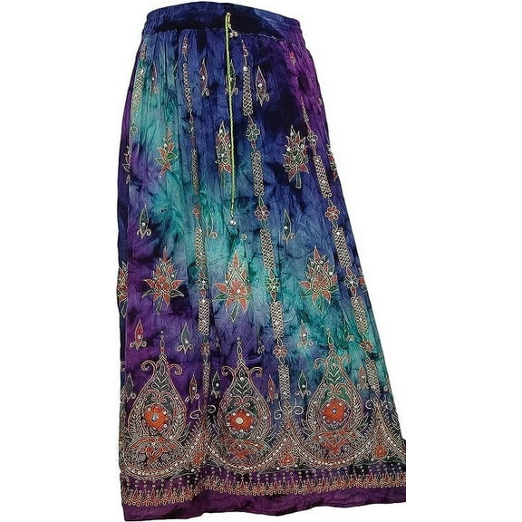 Sharvgun Indian Boho Skirt Long With Sequins Embroidered Design Drawstring Fashions Tie Dye Multi