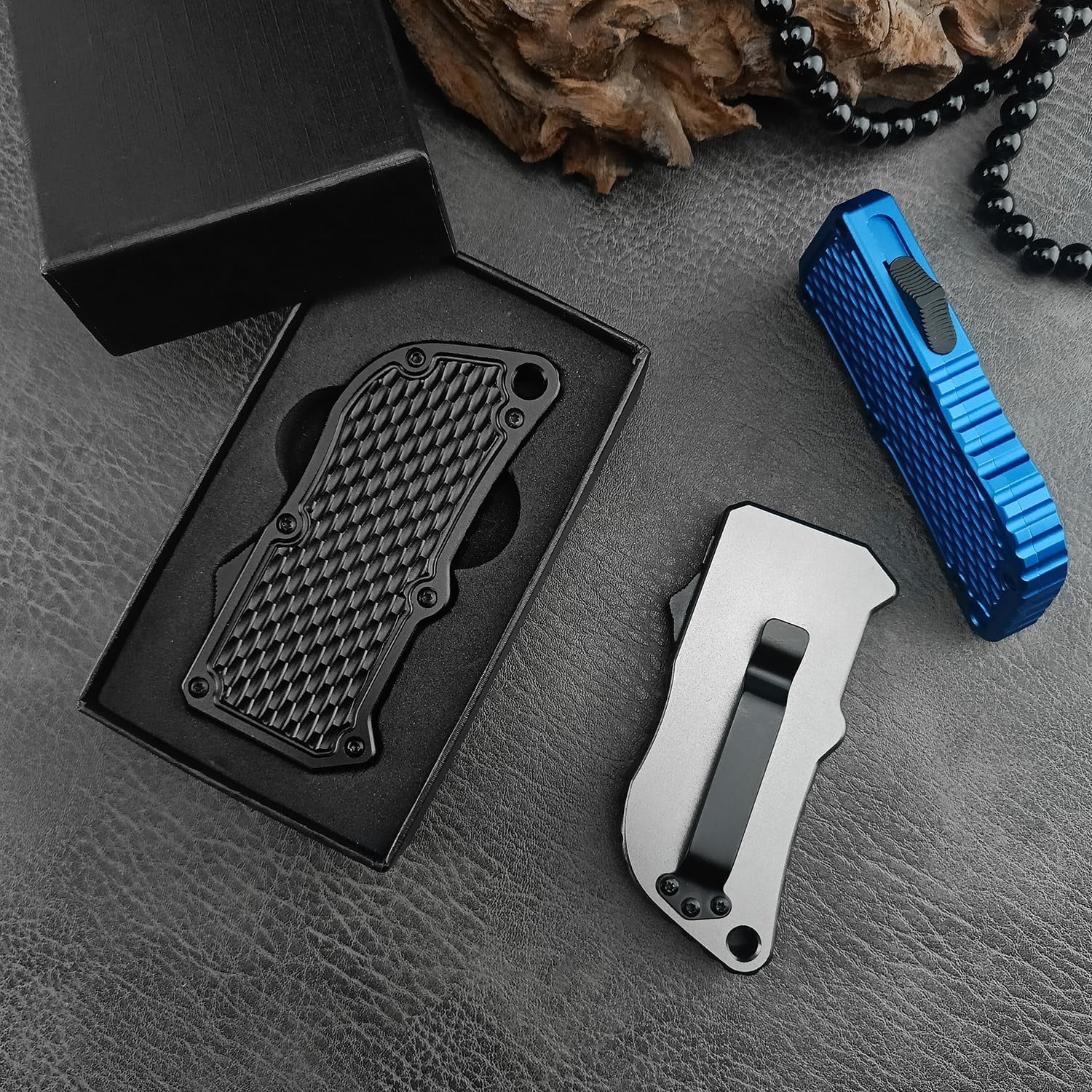 Premium Folding Utility Knife with Textured Handle, Black, Replaceable Blade