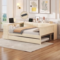 Mirightone Full Upholstered Platform Trundle Bed with Desk and Storage Shelf, Full Daybed Frame with Trundle and Charging Station, Beige