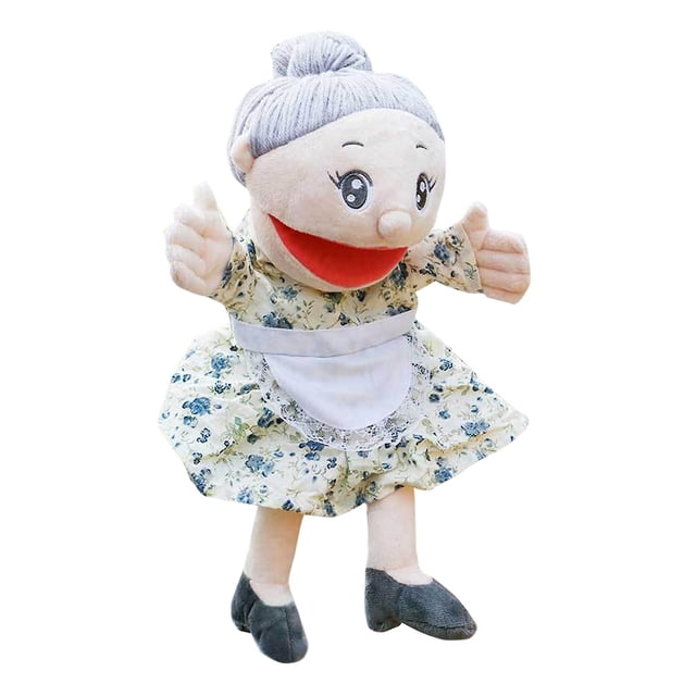 Personajes profesionales de títeres de mano de peluche con la boca abierta