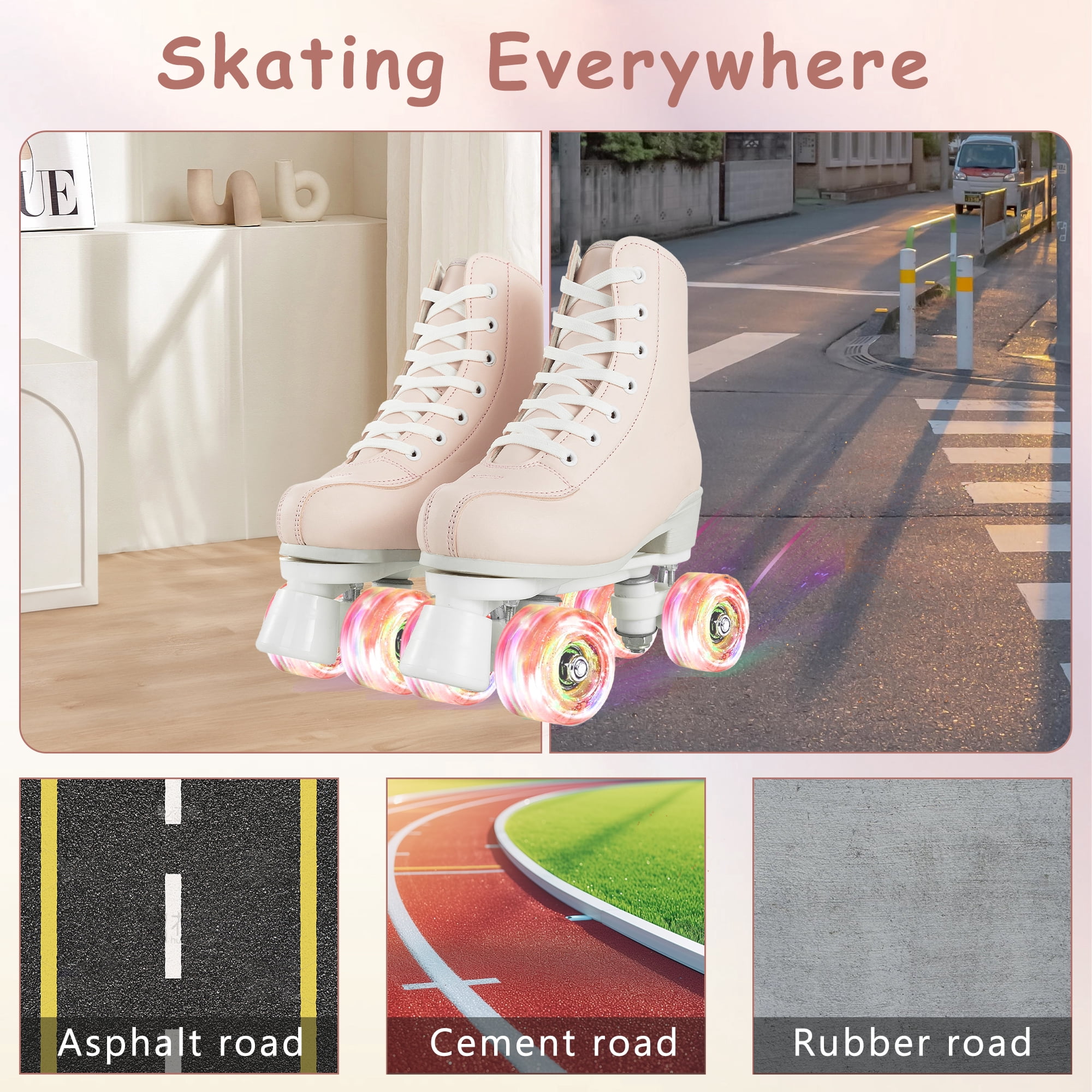 LPAMEOIU Teen Roller Skate with Light-up-Wheel, Quad Skate for Adult, Pink(Women 6.5/Men 5)