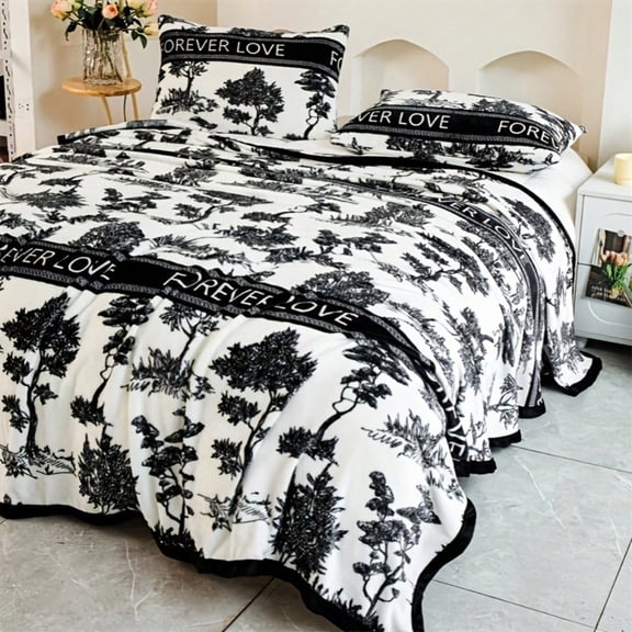 HELLOYOUNG Fleece Blanket Throw Blanket 1pc Polyester Soft Floral Blanket All-Season Warm Blanket for Bed Couch Home Decor Machine Washable Black White Botanical Pattern