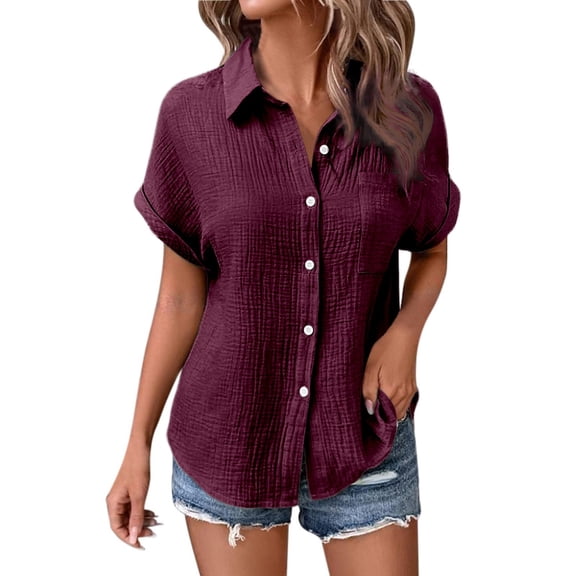summer tops ladies summer tops Ladies' Fashionable And Casual Solid Color Batsleeved Button Short Sleeved Shirt