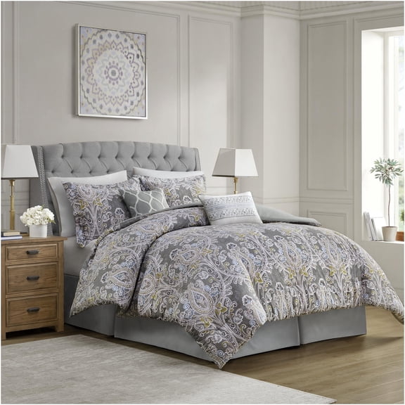 JERFIT Grey 6-Piece King Size Comforter Set, 100% Cotton Sateen Bedding Set with Comforter, Sham, Bed Skirt & Pillows for Luxurious Sleep