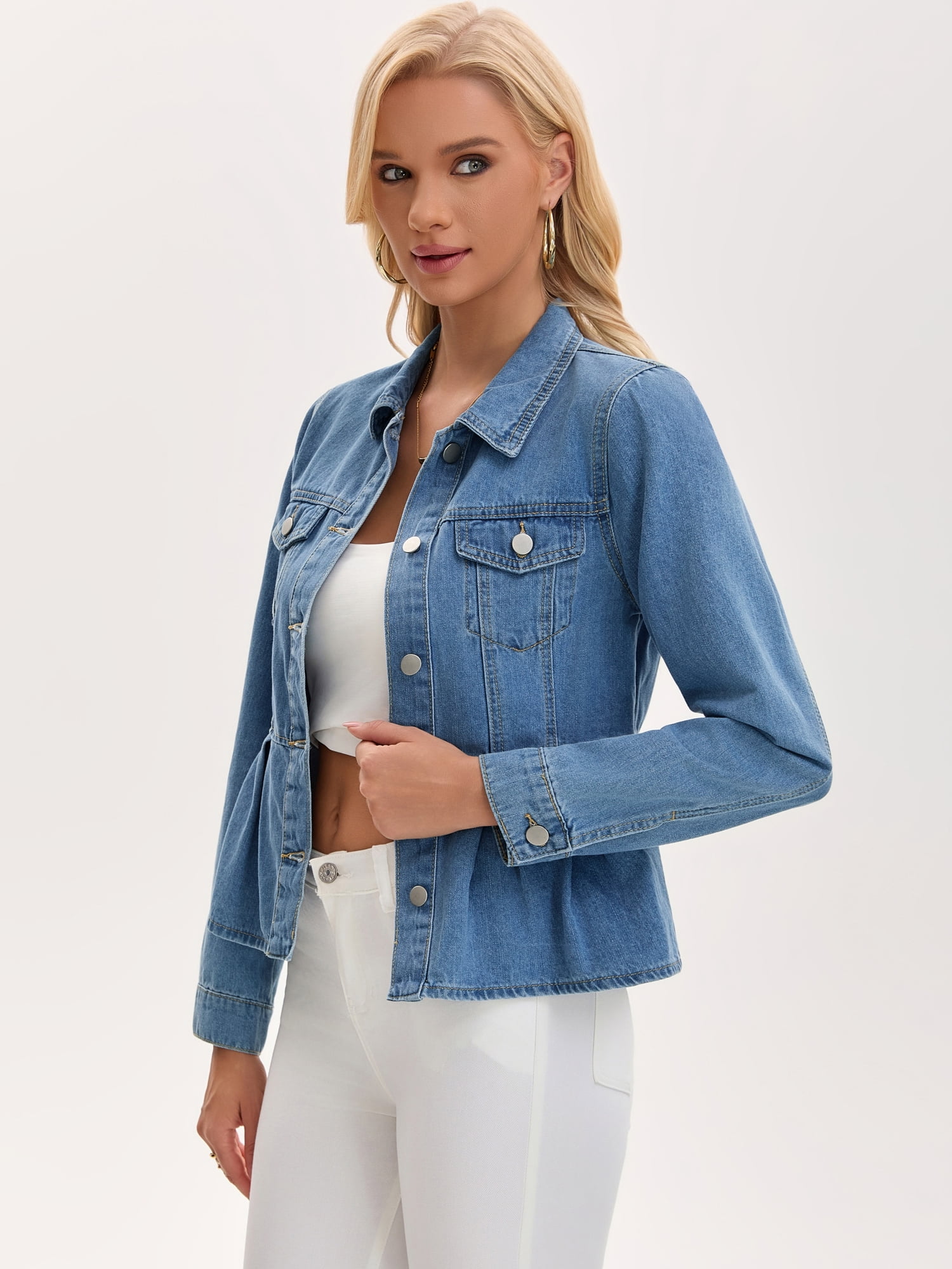 DARING DIVA Women's Button Down Collar Ruffle Hem Peplum Jean Jacket XL Light Blue