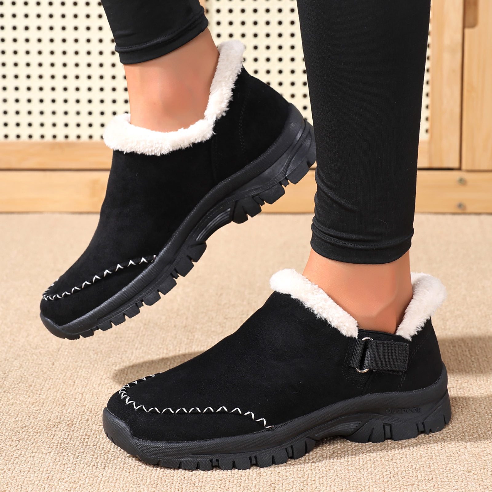 Dakaela Womens Winter Snow Boots Fleece Lined Hiking Slip on Loafers Sneakers Outdoor Plush Short Booties Shoes Black 6