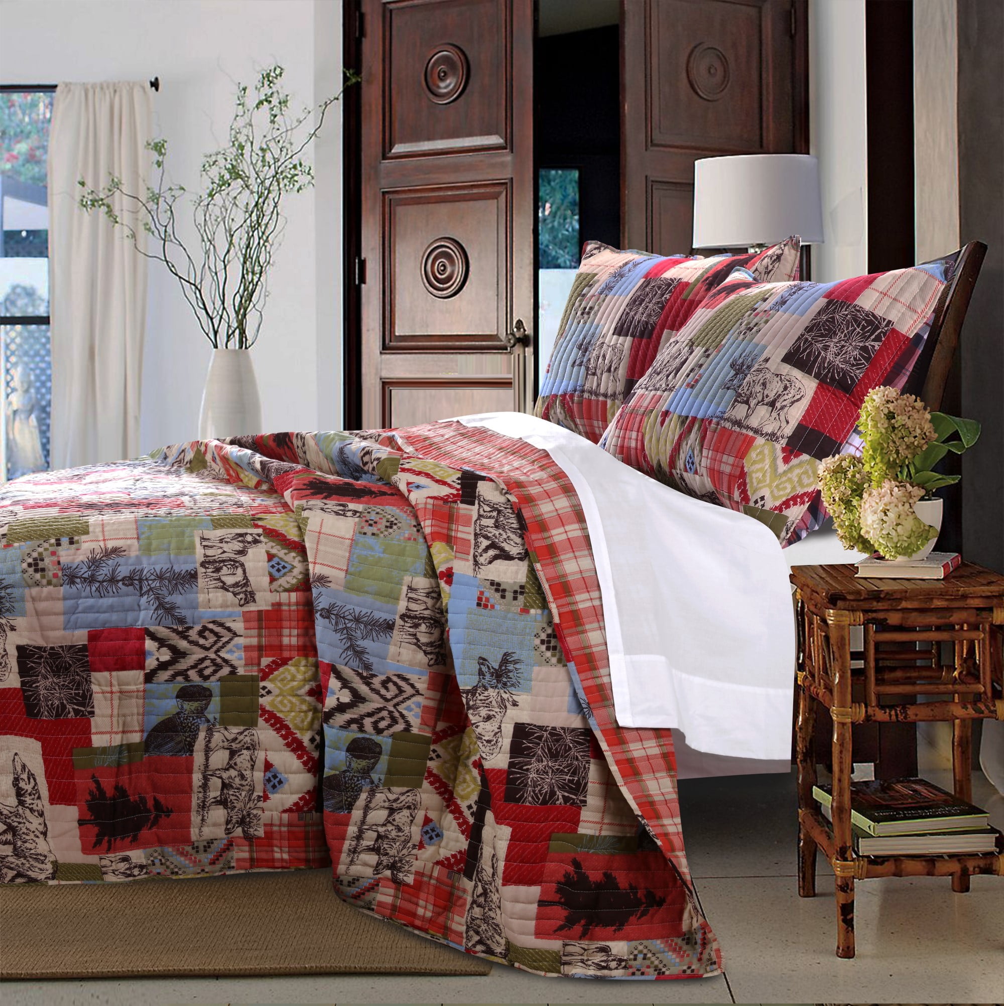 CABIN COUNTRY MOUNTAIN BEAR DEER FISH LAKE and LODGE 2pc Twin QUILT SET 