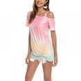 thumbnail image 3 of Printing Gradient Color Oblique Shoulder Short Sleeve Hem Twisted T-shirt Women, 3 of 8