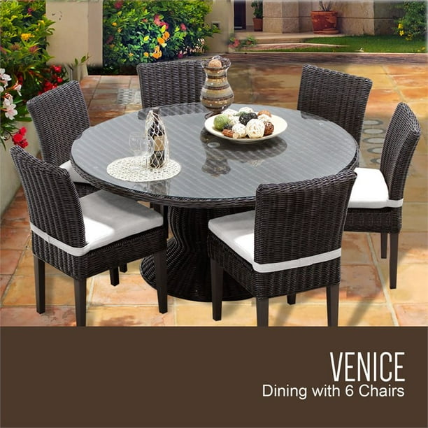 TK Classics Venice 7Piece 60"DRound Glass Top Patio Dining Set in Sail
