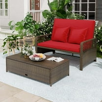 Costway Patio Rattan Daybed Wicker Loveseat Sofa with Multifunctional Ottoman Red