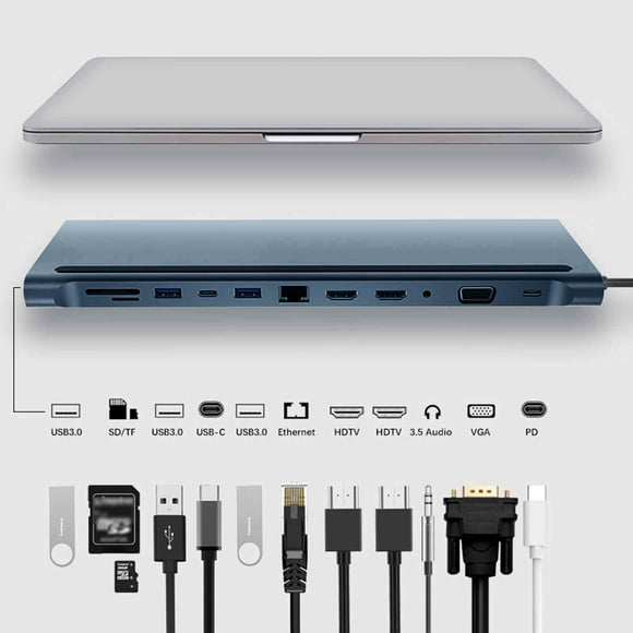 COFEST Docking Station 12 In 1 USB C Docking Station USB C Hub Compatible for IOS & Windows(HDMI, VGA, PD3.0, USB-C, Ethernet, SD/TF Card Reader, USB Ports) Silver